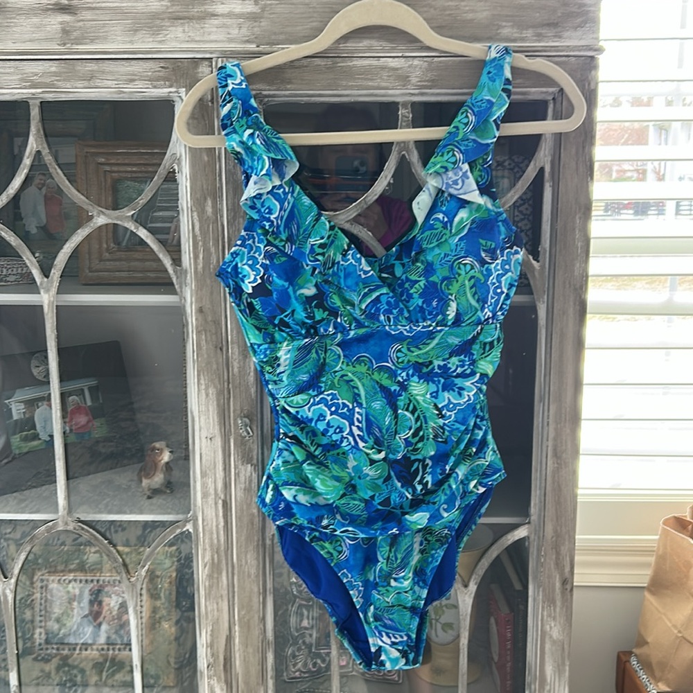 Vibrant Blue and Green Swimsuit  by Ralph Lauren, Size 10